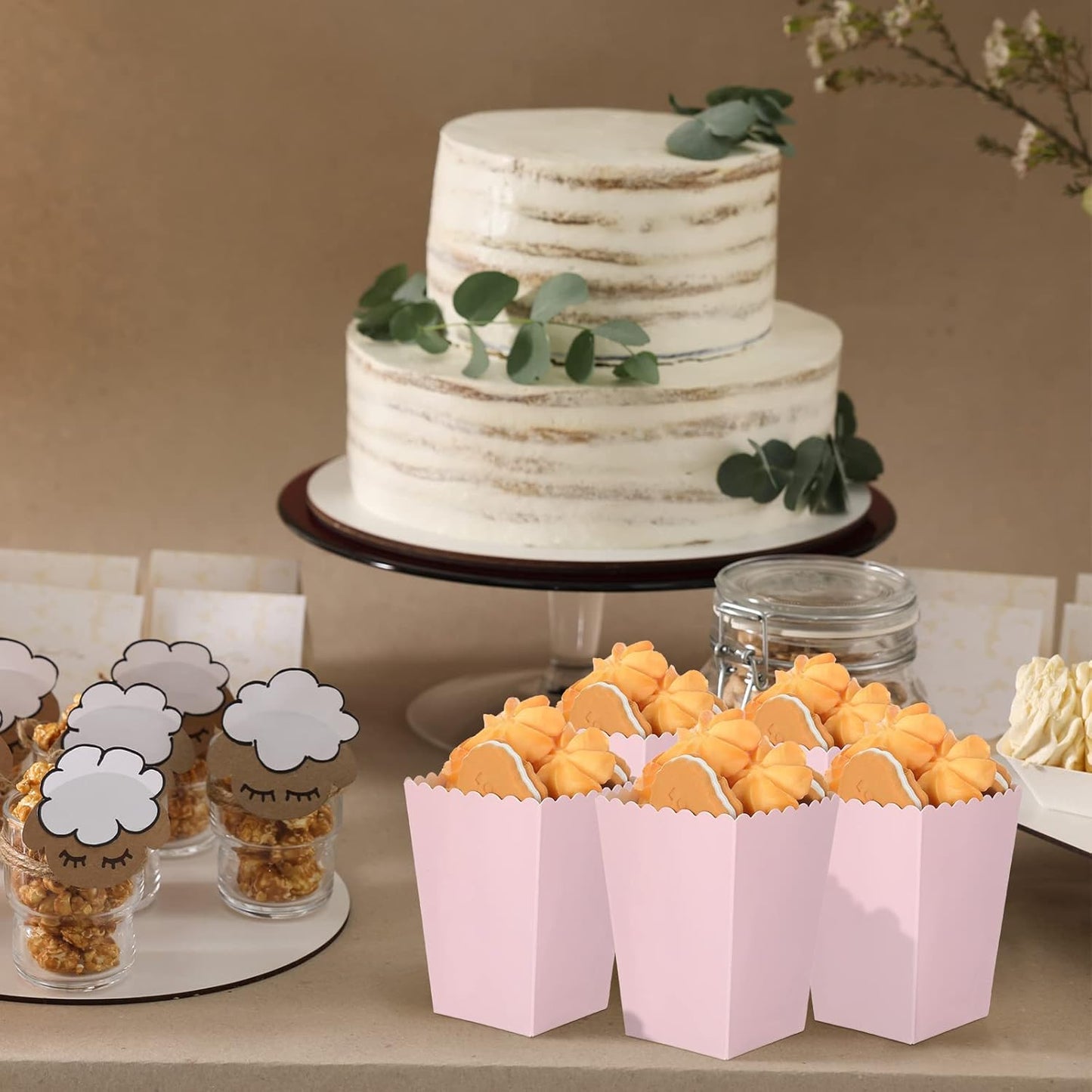 200 Pcs Popcorn Boxes Mini Paper Popcorn Box Cardboard Popcorn Container for Party Disposable Snack Candy Popcorn Bags Popcorn Holder for Birthday Wedding, 2.2 x 4.2 x 3 In (Pink, Simple)