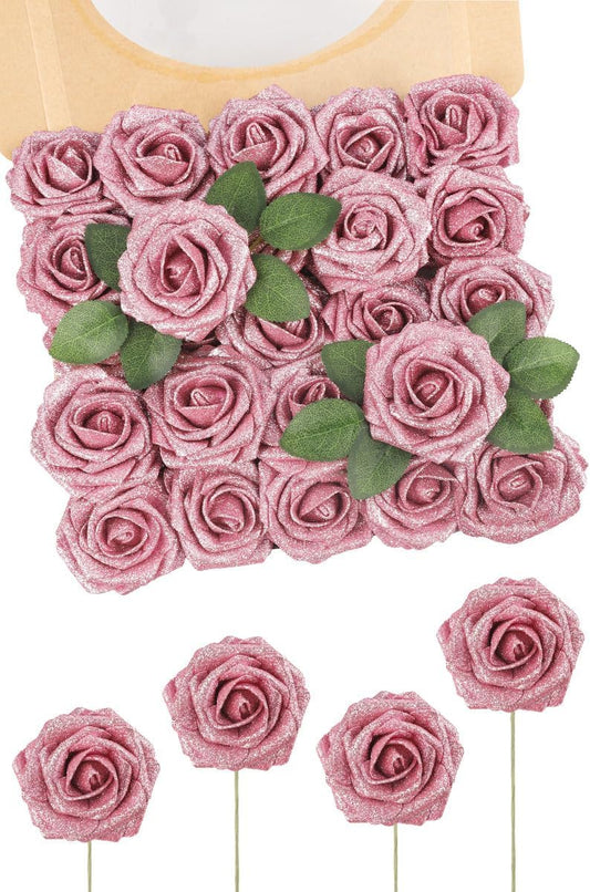 N&T NIETING Artificial Flowers Glowing Dark Pink Flowers Foam 25pcs Glitter Roses Real Looking Fake Roses with Stem for DIY Wedding Bouquets Centerpieces Bridal Shower Party Home Decorations
