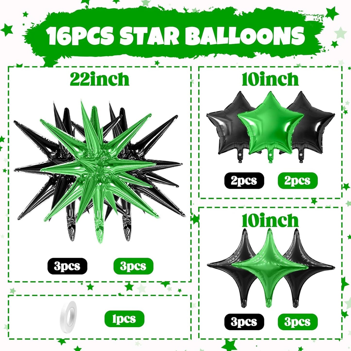 Black Green Star Balloon,16Pcs Star Foil Balloons Set with 22Inch Explosion Spike Cone Balloons and 10Inch Quadrangle Helium Balloon for Birthday Wedding Baby Shower and Halloween Party Decorations