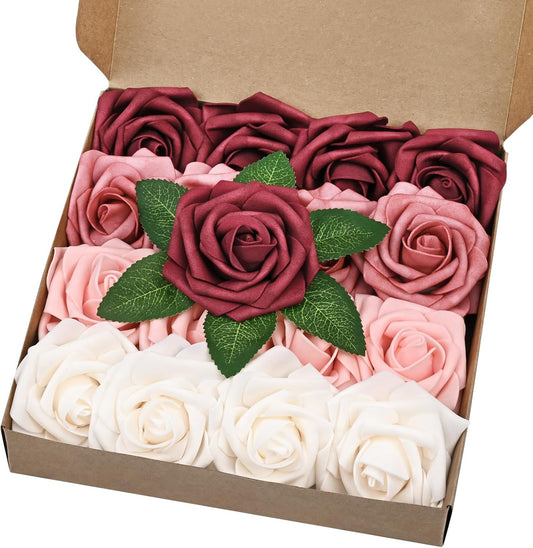 BLEUM CADE 16Pcs Artificial Flowers Fake Roses with Stems, Gradient Burgundy Boxed Foam Roses for DIY Bouquets Centerpieces Wedding Party Arrangement Bridal Shower Decor