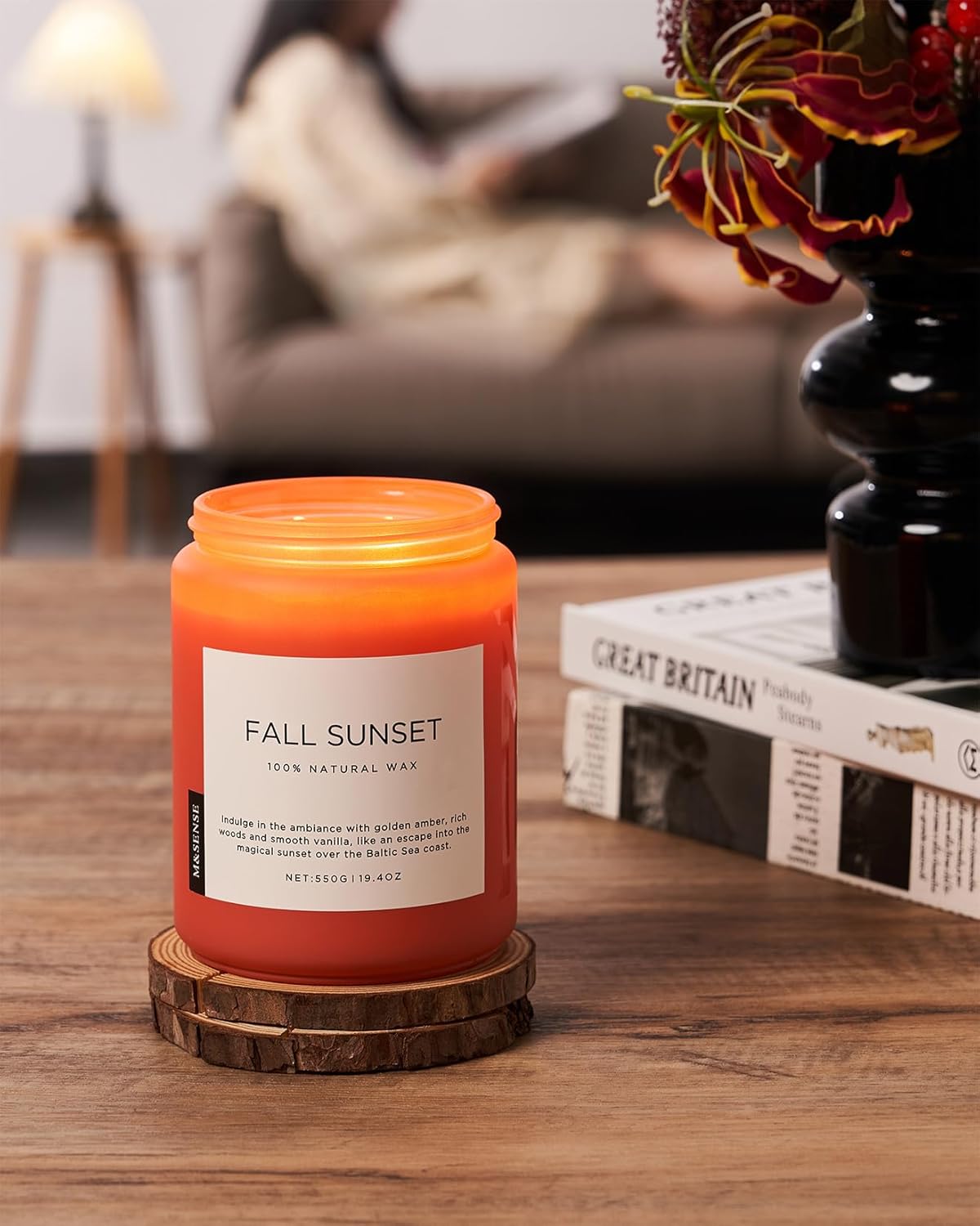 M&SENSE Fall Sunset Amber Scented 19.4oz 110 Hours Long Lasting Slow Burning Candle for Housewarming, Large Natural Soy Organic Relaxing Aromatherapy Candle Gifts for Women Men