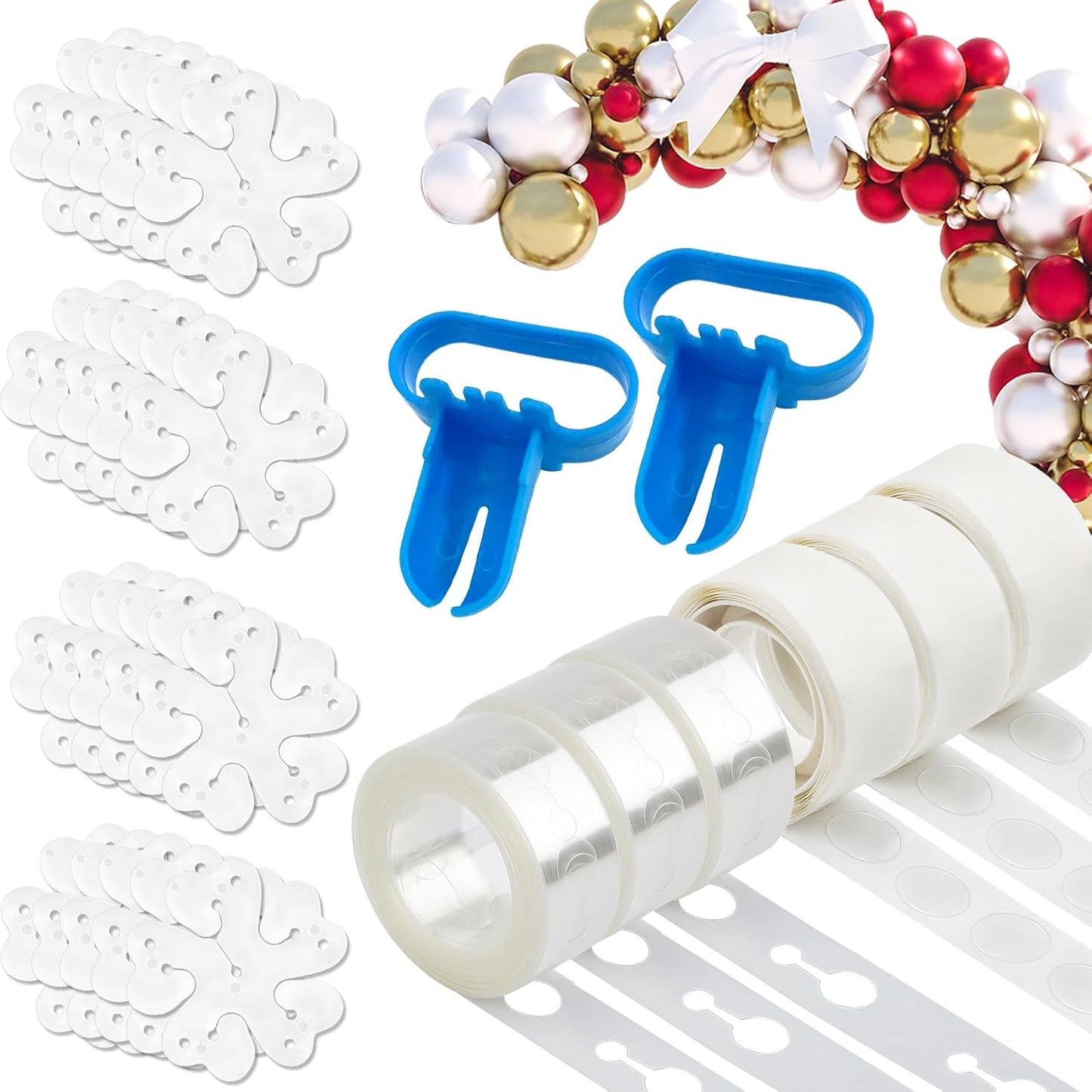 Balloon Arch Kit 20pcs Balloon Flower Clips & 2pcs Balloon Tying Tool & 49.2ft Balloon Tape Strip & 300 Balloon Glue Points For Party Graduation Wedding Birthday Baby Shower