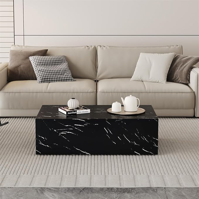 Coffee Table Living Room Table, Modern Black Faux Marble Center Couch Table - Image 6