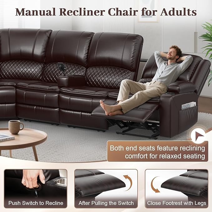 Yolsali Manual Reclining Sectional Sofa Set, 4 Seats Soft Leather Recliner - Image 6