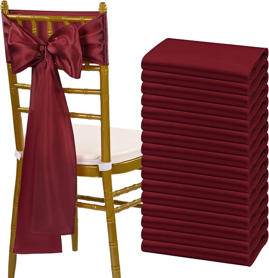 fani 60 PCS Burgundy Satin Chair Sashes Bows Universal Chair Cover for Wedding Reception Restaurant Event Decoration Banquet,Party,Hotel Event Decorations (7 x 108 inch)