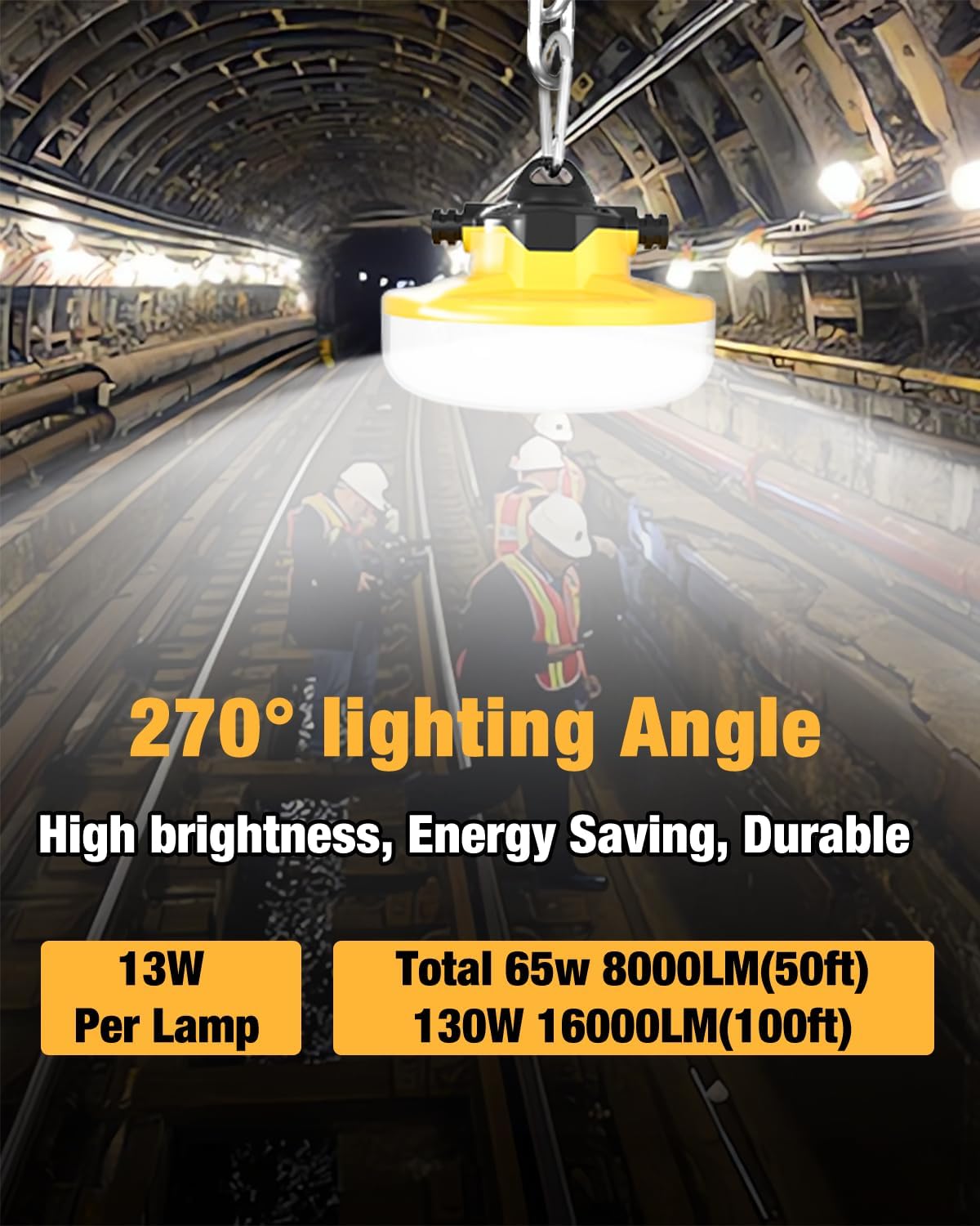 LED Construction String Light 50FT, 65W 8000Lm Industrial LED String Work Lights with 5 Bulbs, 5000K Linkable Work Lights Temporary Lighting for Construction Site, Job Site, Attic, Crawl Space