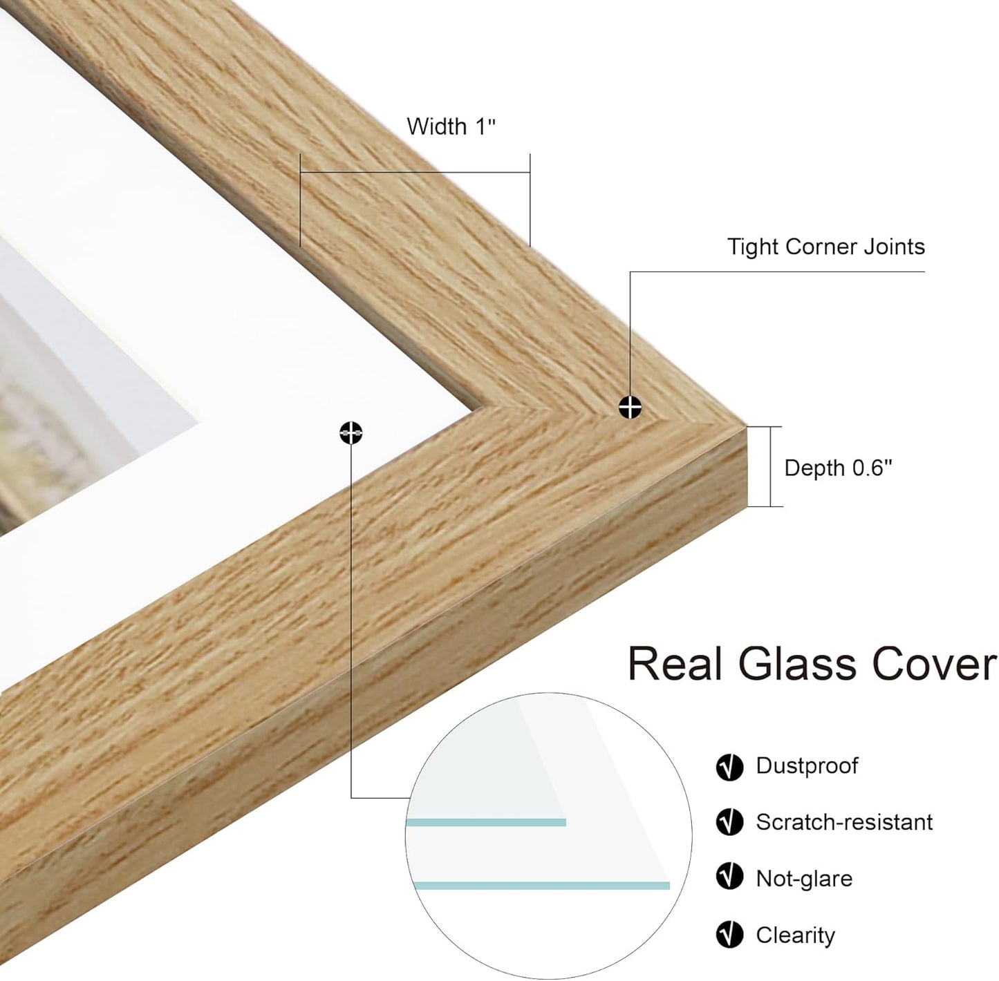 8.5x11 Picture Frame Set of 2, Natural Oak Certificate Document Frames with Glass Collage Frame, Display Pictures Two 5x7 With Mat or 8.5 x 11 Without Mat for Wall Hanging or Tabletop