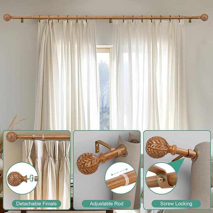 QDWIS Boho Wood Curtain Rods for Windows 48 to 84 inch, Rustic Decorative - Image 9