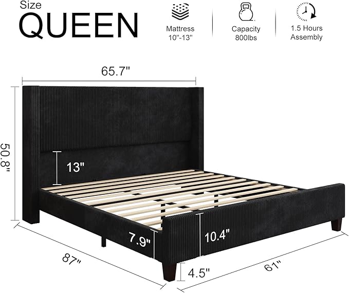 HOWE Queen Size Bed Frame with 50.8" Tall Wingback Headboard, Modern Corduroy - Image 2