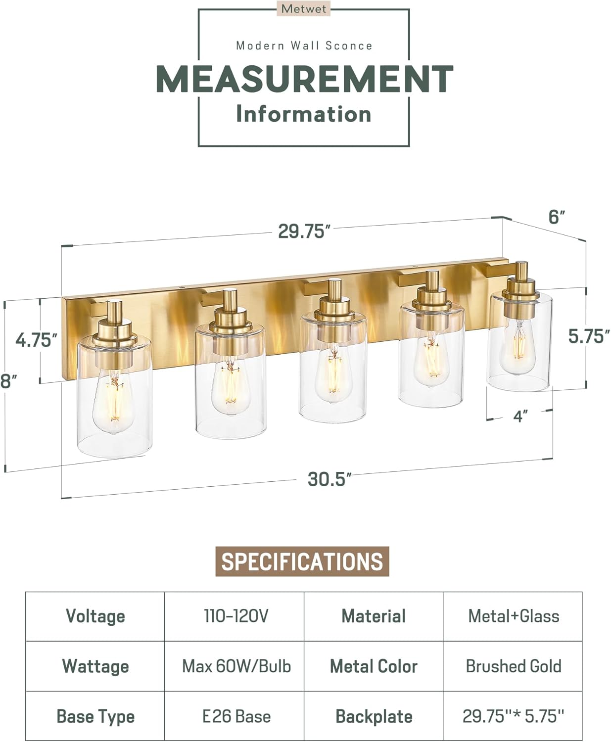 5-Light Bathroom Light Fixtures, 30 Inch Brushed Gold Vanity Light with Cylinder Clear Glass Shade, Modern Vanity Lighting Fixtures Over Mirror, VL143-BG-5