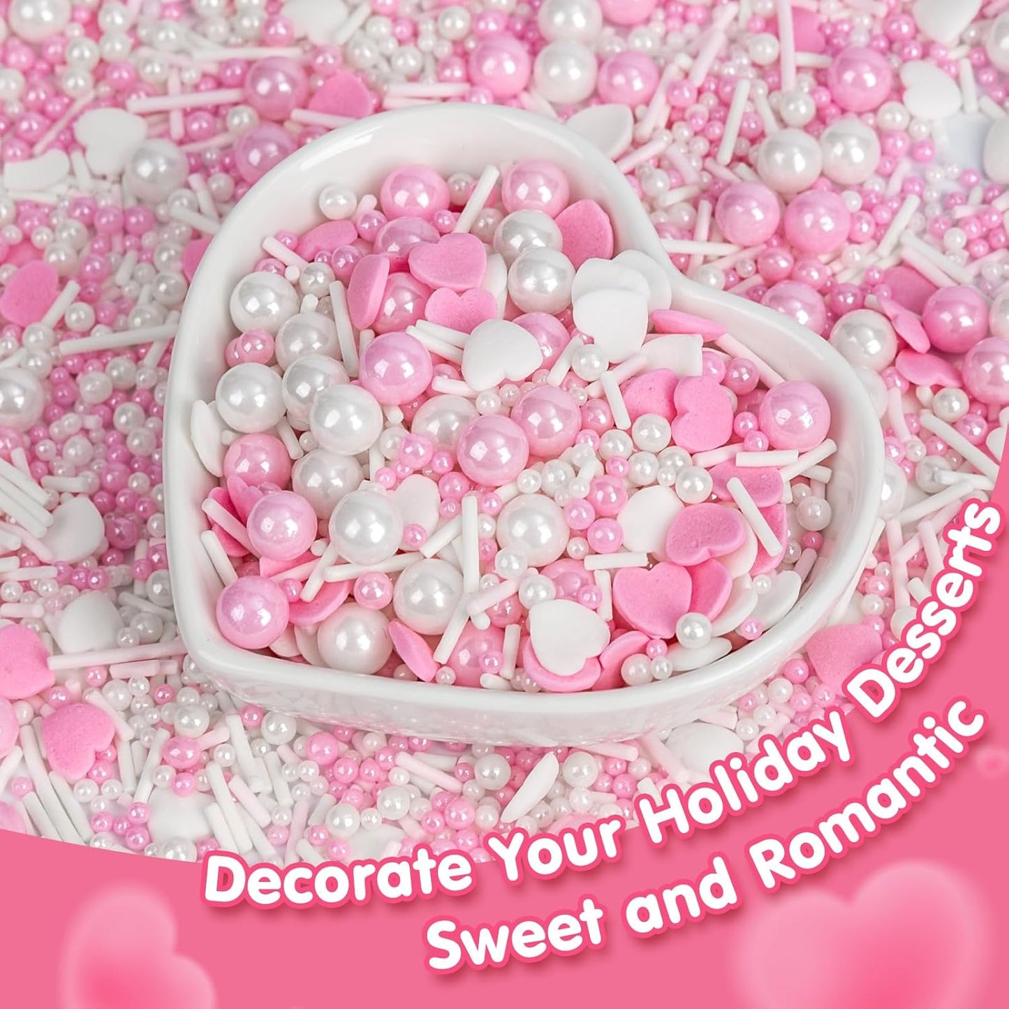 Edible Heart Sprinkles for Cake Decorating,White Pink Pearl Sugar Jimmies Mix Size 130g/4.58oz,Baking Candy Decorations,Cupcake Toppers,Cookie Donuts Ice Cream Dessert Decorating,Wedding Birthday Party Valentines Christmas Supplies