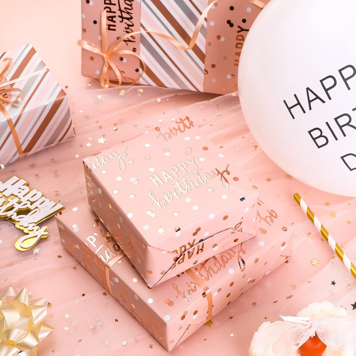 LeZakaa Reversible Pink Birthday Wrapping Paper Roll for Girls Women, Happy Birthday Lettering & Stripe Pattern with Metallic Foil in Pink, Mini Roll, 17 inches x 16.4 Feet