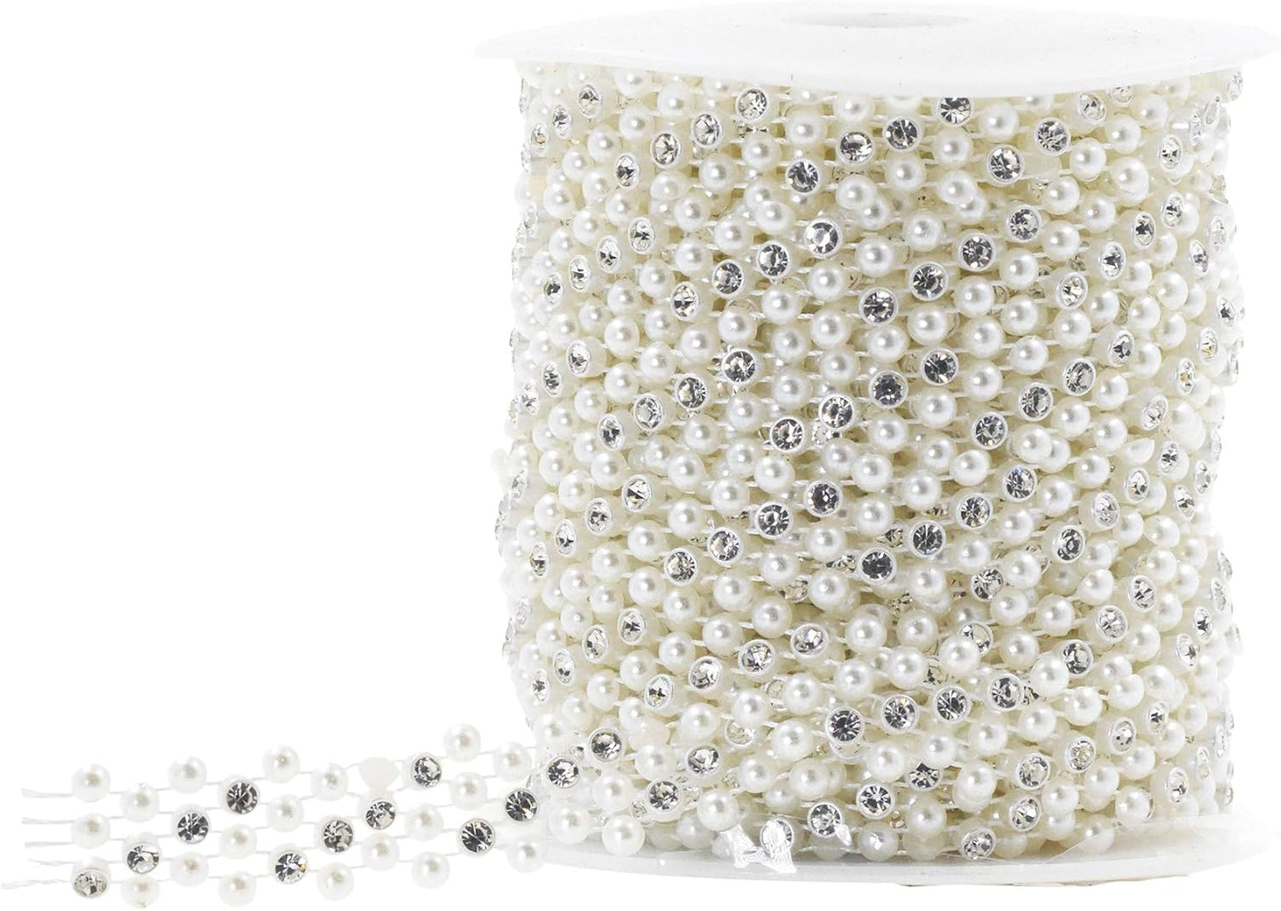 Mandala Crafts 0.5 Inch Crystal Faux White Pearl Beads Roll - 10 Yards Strand of Rhinestones Fake Pearls Chain Garlands Spool String for Christmas Tree, Wedding, Party, Vases, DIY Decoration