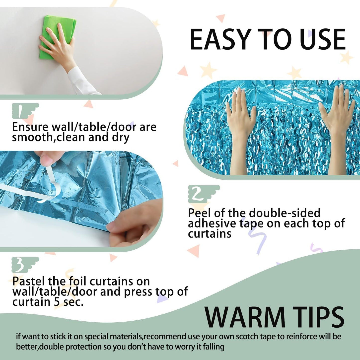 3 Pack Blue Wavy Tinsel Foil Fringe Curtain - 6.6 ft x 3.3 ft Foil Backdrop Photo Booth Props for Mermaid Birthday Under The Sea Party,Baby Shark Birthday Decorations