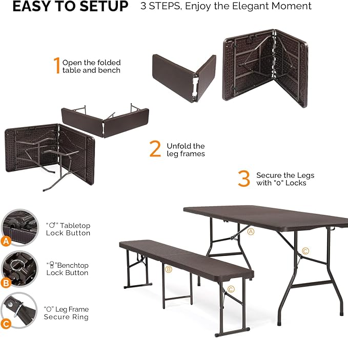 VINGLI Picnic Table Set with 2 Benches, 6 Feet Camping Table Chair Set - Image 5
