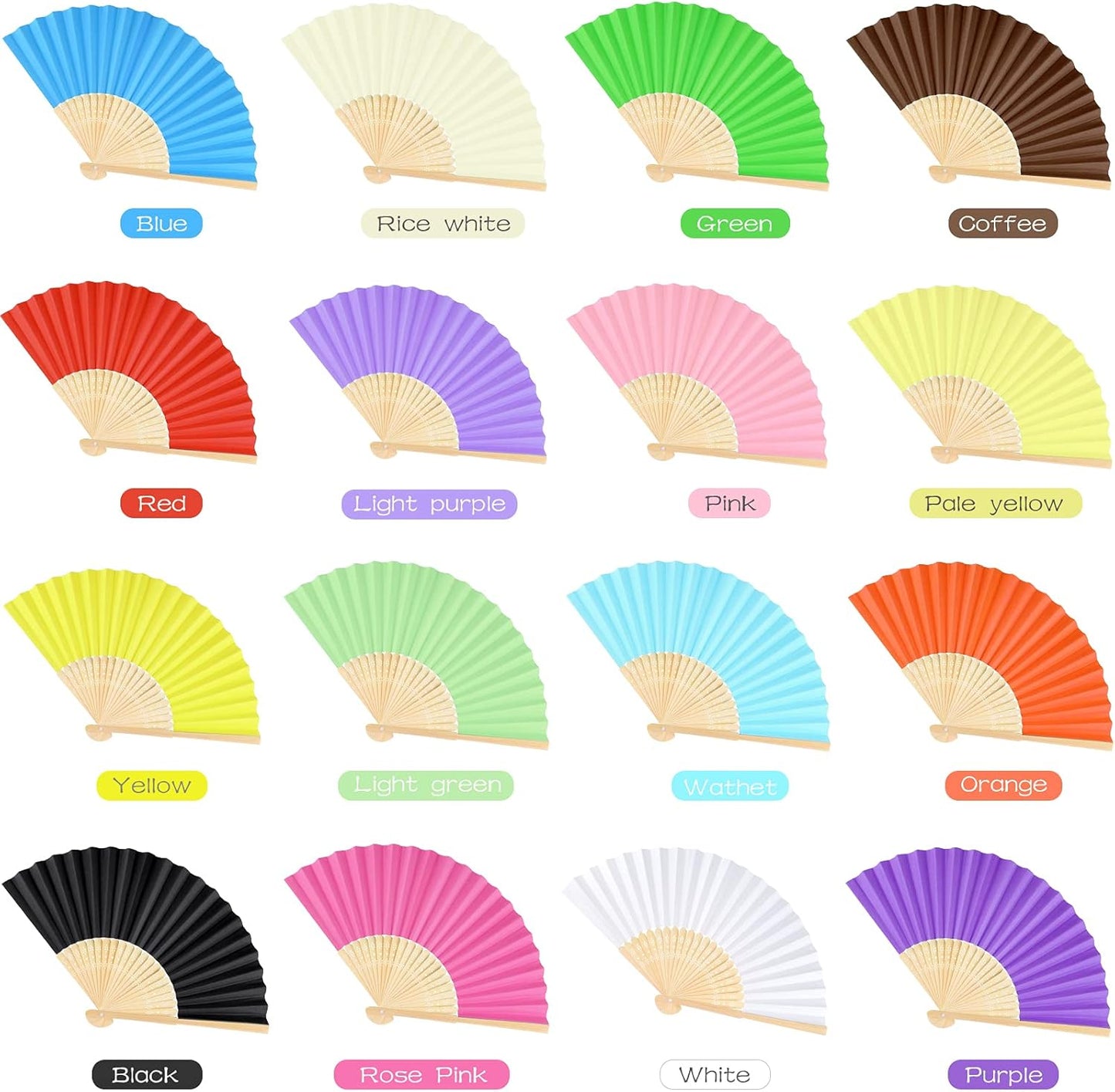 FEPITO 48 Pieces Handheld Paper Fan Paper Folding Fans with Bamboos for Wedding Gift, Party, Home, Multicolor
