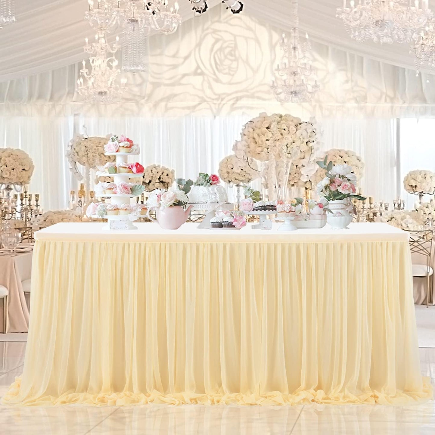 14ft Champagne Table Skirt Tulle Wedding Table Cloth Elegant Tutu Table Skirt Cover for Birthday Party Baby Shower Dessert Buffet Banquet Table Decorations