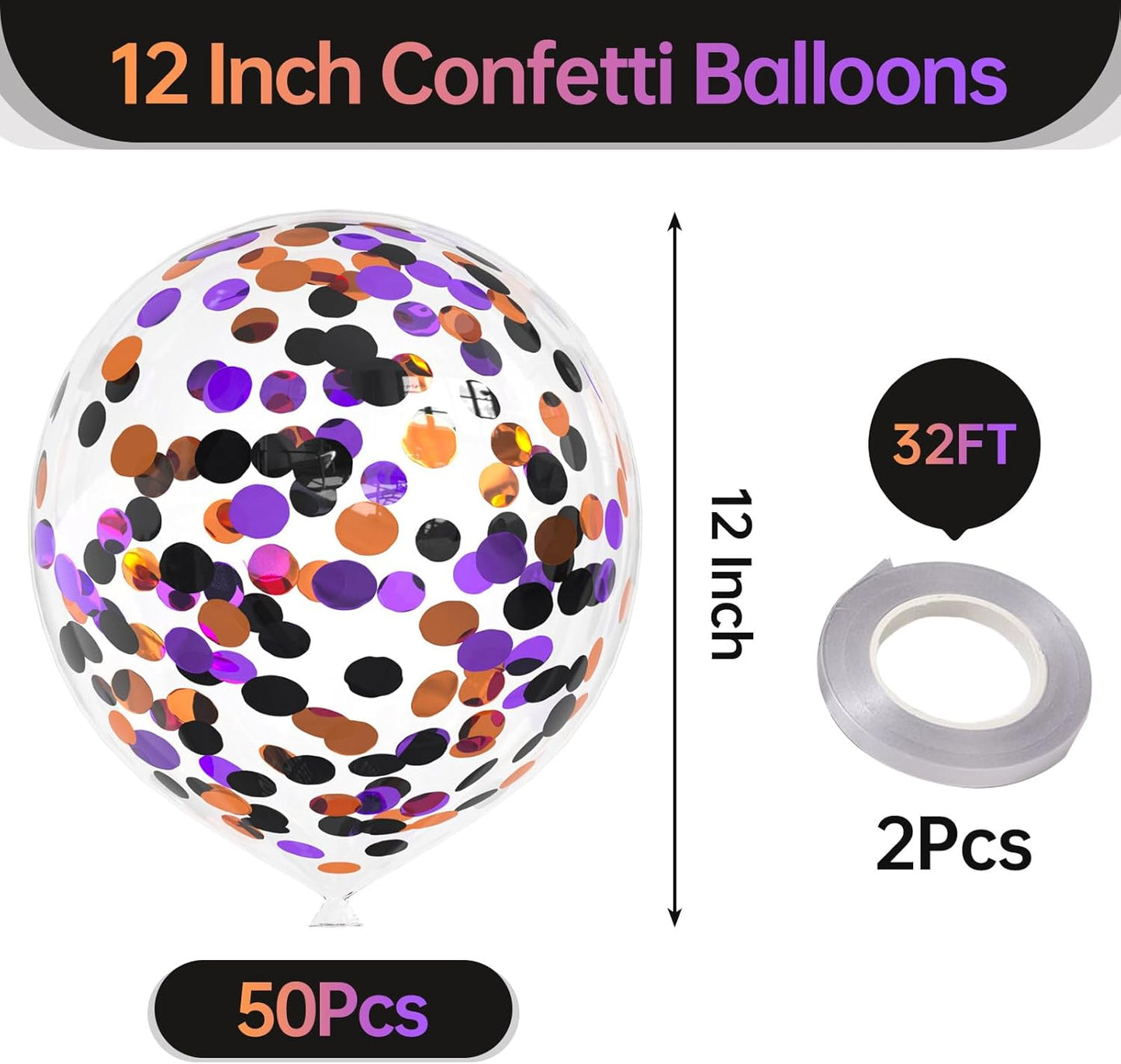 50pcs Purple Orange and Black Foil Confetti Balloons,12 inch Latex Balloon with Purple Orange Black Confetti Inside for Halloween Party Decorations