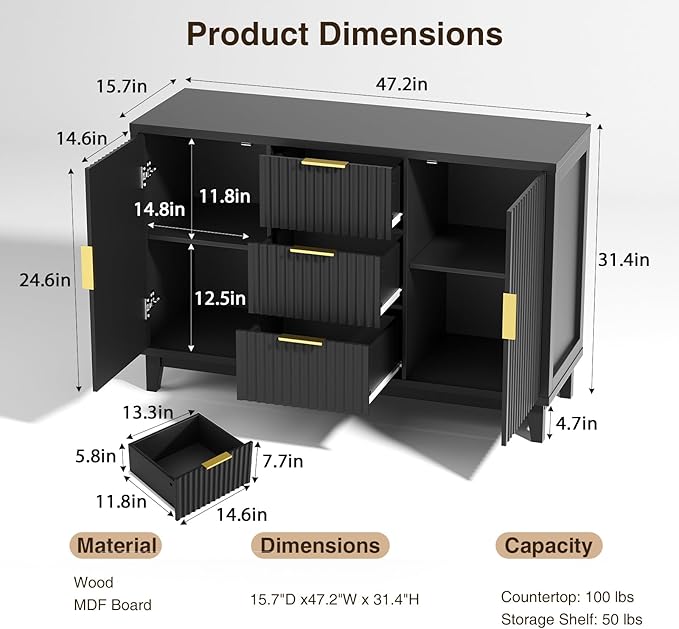 47.2" W Storage Cabinet with 3 Drawers, Fluted Buffet Cabinet with Storage - Image 2
