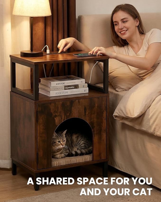 Cat Side Table with Charging Station & Storage Shelf, Small End Tables with Cat - Image 5