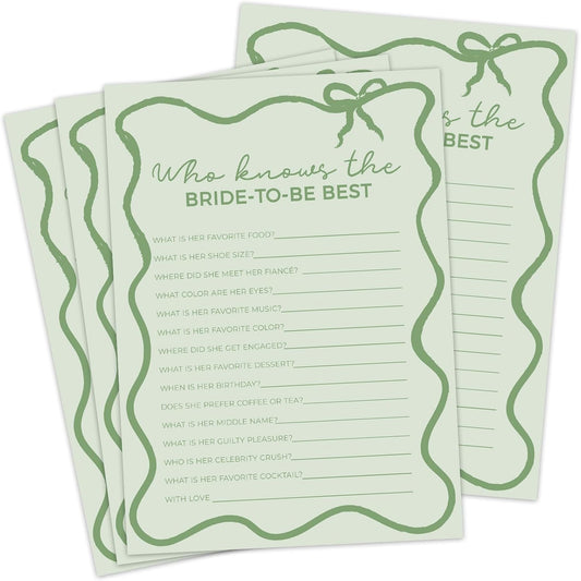 DEEKA 30 PCS Bridal Shower Games Card for 30 Guests Sage Green Wavy Border Ribbon Bow Funny Wedding Bachelorette Party Games for Reception (Who Knows The Bride-to-be Best)