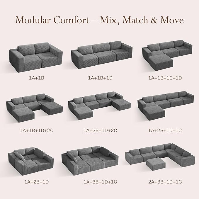 Vesgantti 119" L-Shaped Modular Sectional Sofa, Corduroy Cloud Couch - Image 9