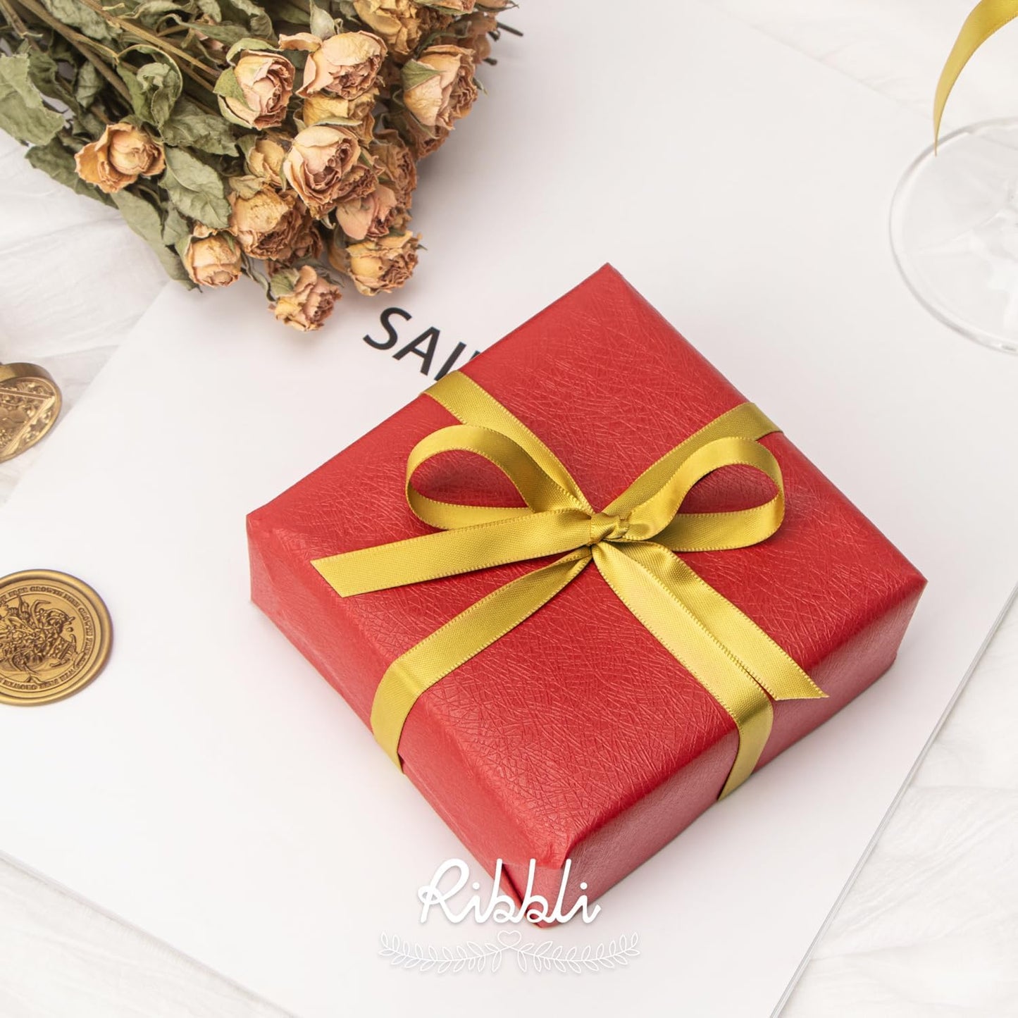 Ribbli Double Faced Gold Satin Ribbon,3/8” x Continuous 25 Yards,Use for Bows Bouquet,Gift Wrapping,Floral Arrangement