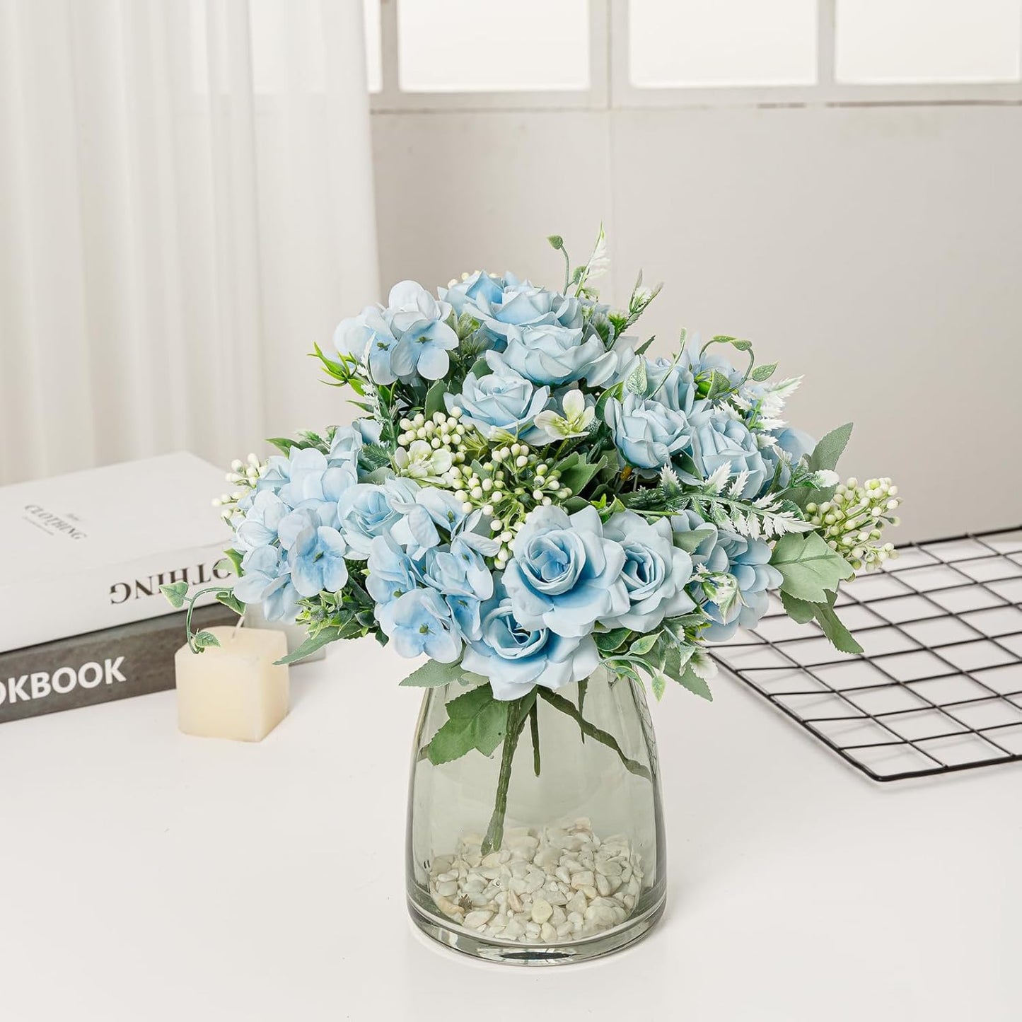 Artificial Flower 5 Branches Artificial Silk Fake Flowers Bouquet Small Roses for Wedding Home Office Tables Decor 2 Packs 4 Packs(Light Blue)
