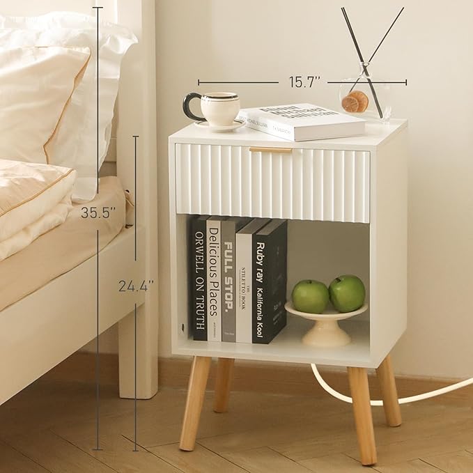Fultyle White Nightstand with Charging Station, Mid Century Modern Bedside - Image 2