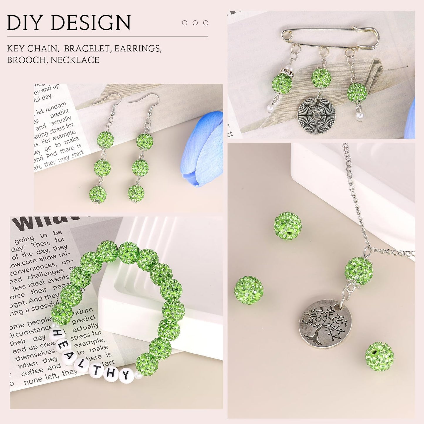 150 pcs 10mm Rhinestone Beads for Jewelry Making, Light Green Shiny Round Shamballa Disco Beads Bulk, Sparkle Crystal Clay Christmas for Bracelet Baseball Necklace Earring Crafting and DIY