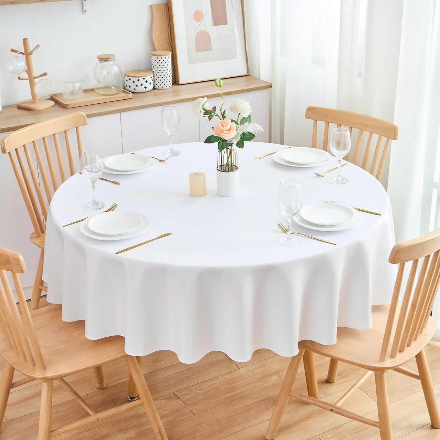 2 Pack Round Table Cloth 60 Inch White Tablecloth Washable Polyester Solid Dining Table Cover for Birthday Party Dinner Holiday Outdoor Indoor