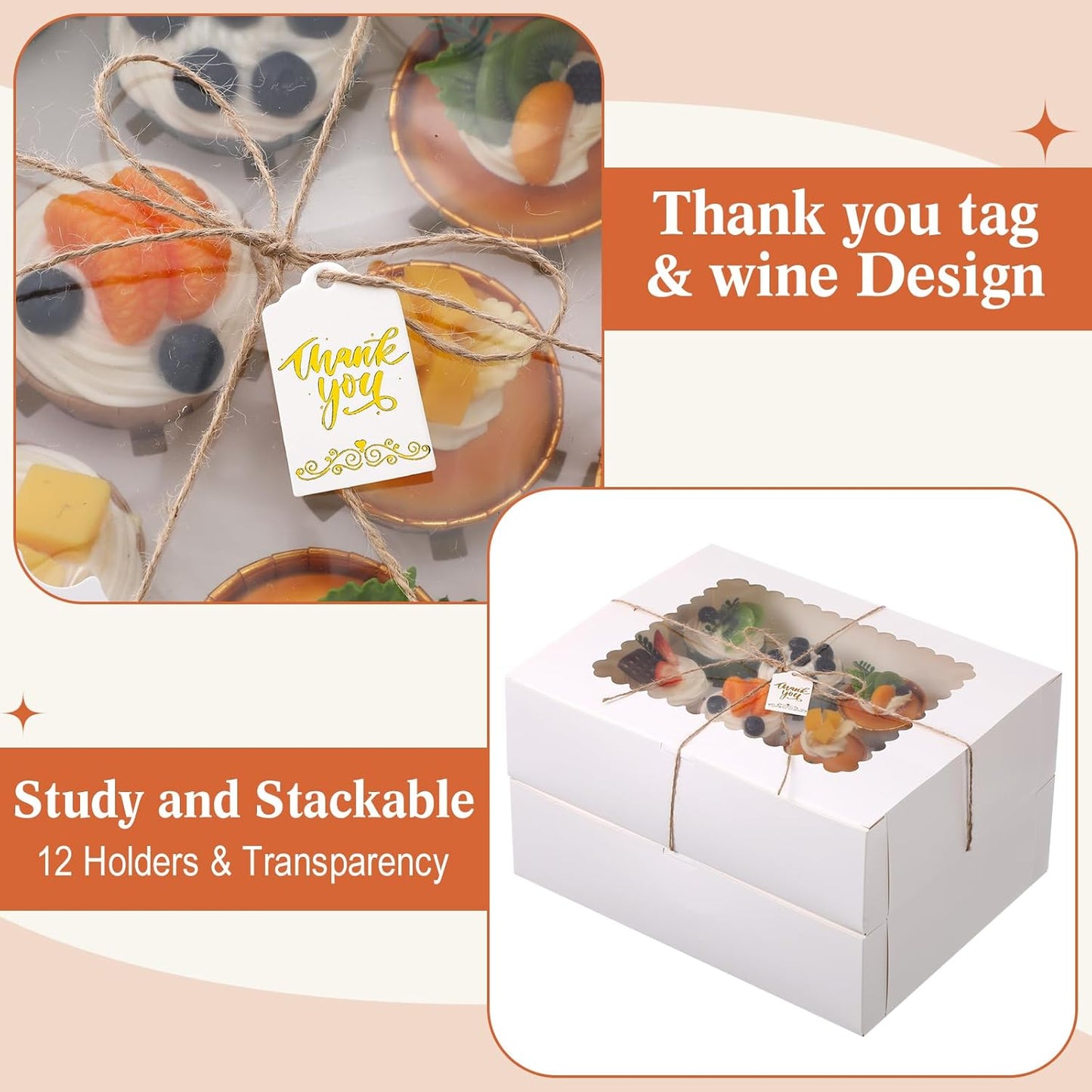 36 Pack Cupcake Boxes Hold 12 Standard Cupcakes Disposable Cupcake Containers with Window and Insert Cupcake Carrier with Thanks Card and Jute Rope to Muffins Cupcakes Cookies Gift Wrapping