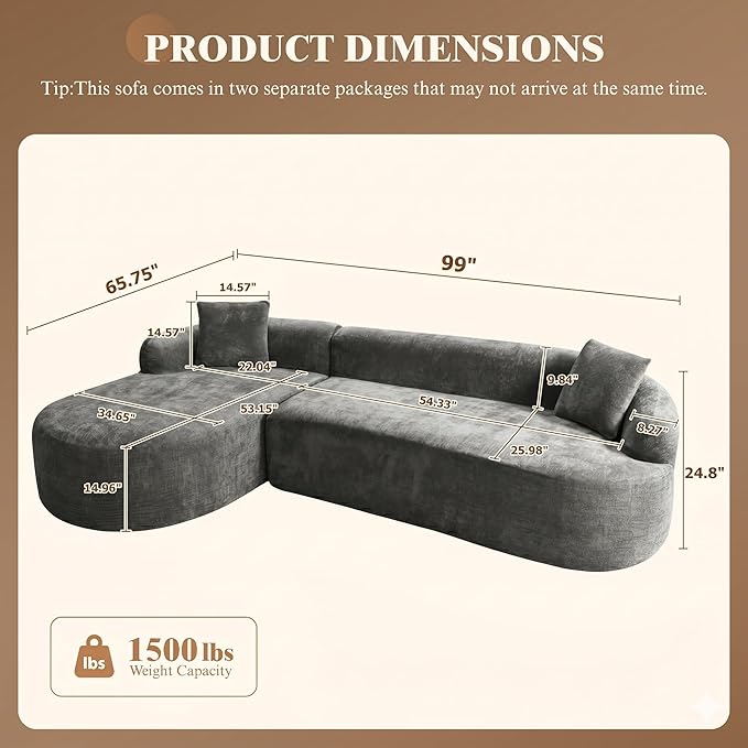 99" Curved Sectional Sofa with Chaise, Modern Boneless Couch with Deep Seat - Image 2