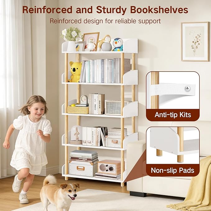 5-Tier Wooden Bookshelf, Modern Open Bookcase - Image 3