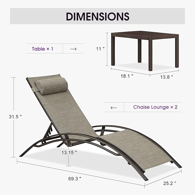 PURPLE LEAF Outdoor Chaise Lounge Chair Set of 3 Patio Pool Lounger Bronze - Image 2