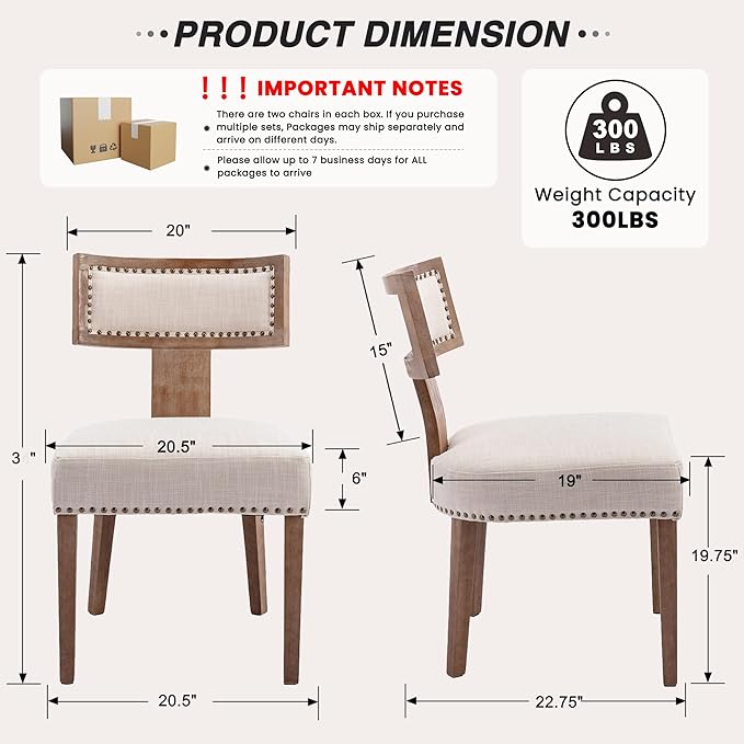 HNY Mid Century Modern Dining Chairs Set of 2, Farmhouse Linen Fabric - Image 2