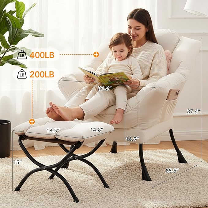 Lazy Chair with Ottoman, Large Accent Chair with Ottoman and a Throw Pillow - Image 2