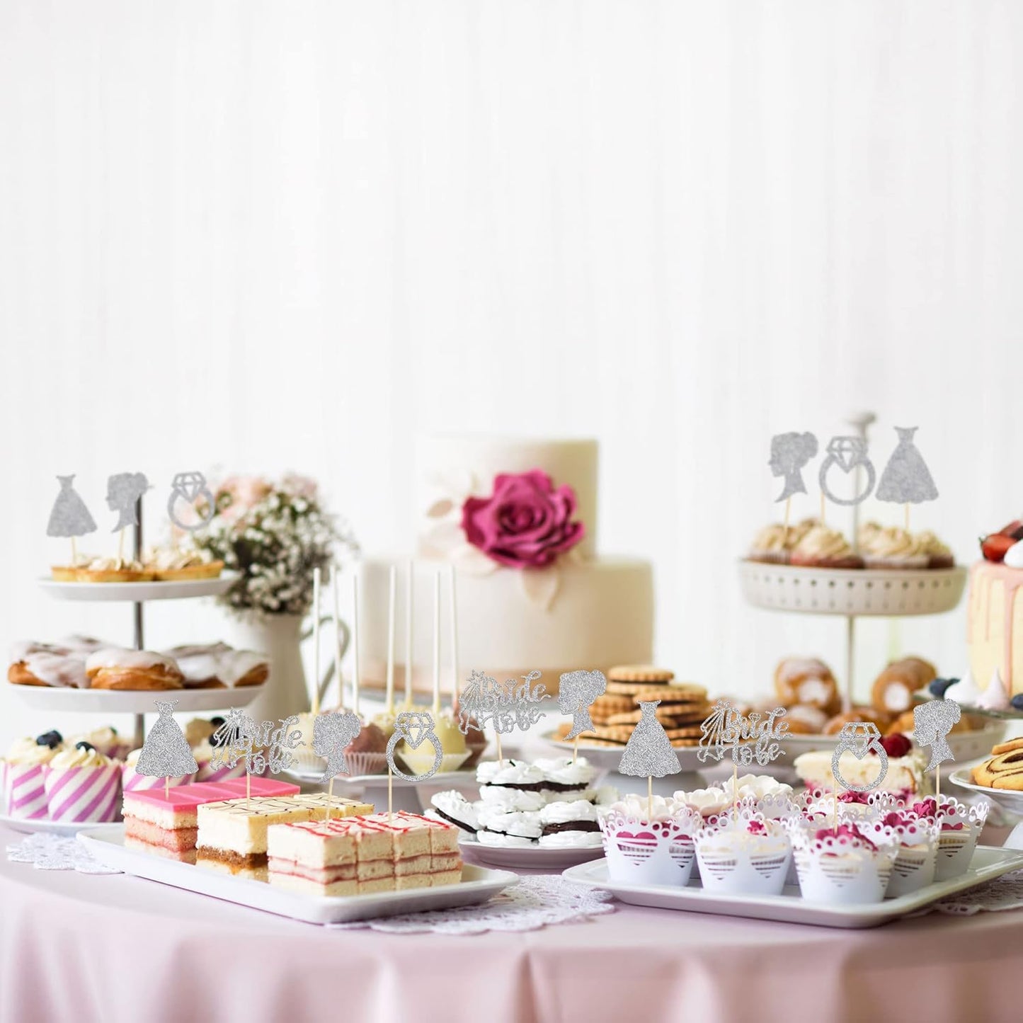 Gyufise 24 Pack Bride to Be Cupcake Toppers with Heart Ring Dress Glitter Bridal Shower Cupcake Picks Decorations for Wedding Engagement Bachelorette Party Cake Decorations Supplies Silver