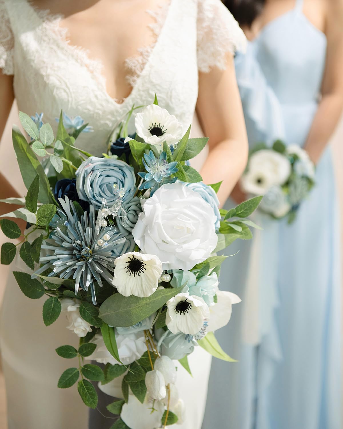 Ling's moment Dusty Blue Bridal Bouquet Cascading, Wedding Bouquets for Bride, 15 Inch Bride Bouquets for Wedding Artificial Flowers Bouquets