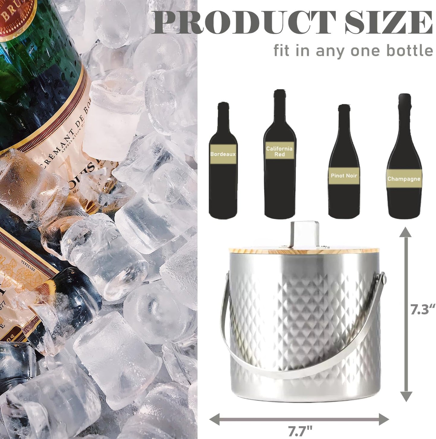 Stainless Steel Hammered Insulated Ice Bucket with Wooden Lid and Ice Tongs Holds 3L of Ice Keep Ice Colder Bar Cart Accessories Champagne Bucket for Party 3L