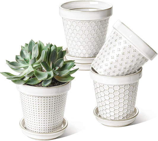 LE TAUCI Ceramic Plant Pots, 4.9 Inch Flower Pots with Drainage Hole & Saucer, Embossed Planter Pots for Indoor Plant Succulent, Orchid, Cactus, Home Decor - Set of 4, Arctic White