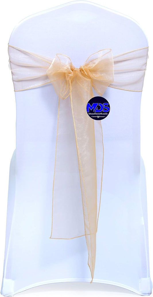 MDS Pack of 125 PCS Organza Chair Sashes Wider Dining Chair Bows Ribbon Tie Back for Wedding Party Birthday Bridal Shower Reception Event Banquet Home Chair Cover Decoration - Champagne Gold
