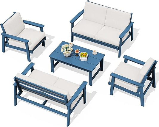 SERWALL HDPE Patio Furniture Set, 5 Piece All Weather Wood-Like Sectional by SERWALL