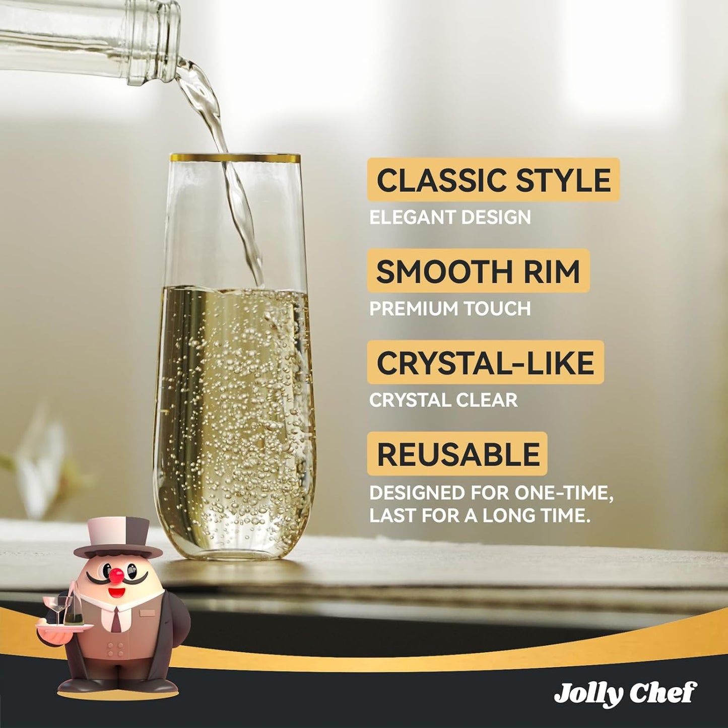 JOLLY CHEF 36 Pack 9 Oz Plastic Champagne Flutes, Gold Stemless Plastic Toasting Glasses| Shatterproof | Heavy Duty | Plastic Disposable Unbreakable Drinkware for Wedding, Birthday, Party