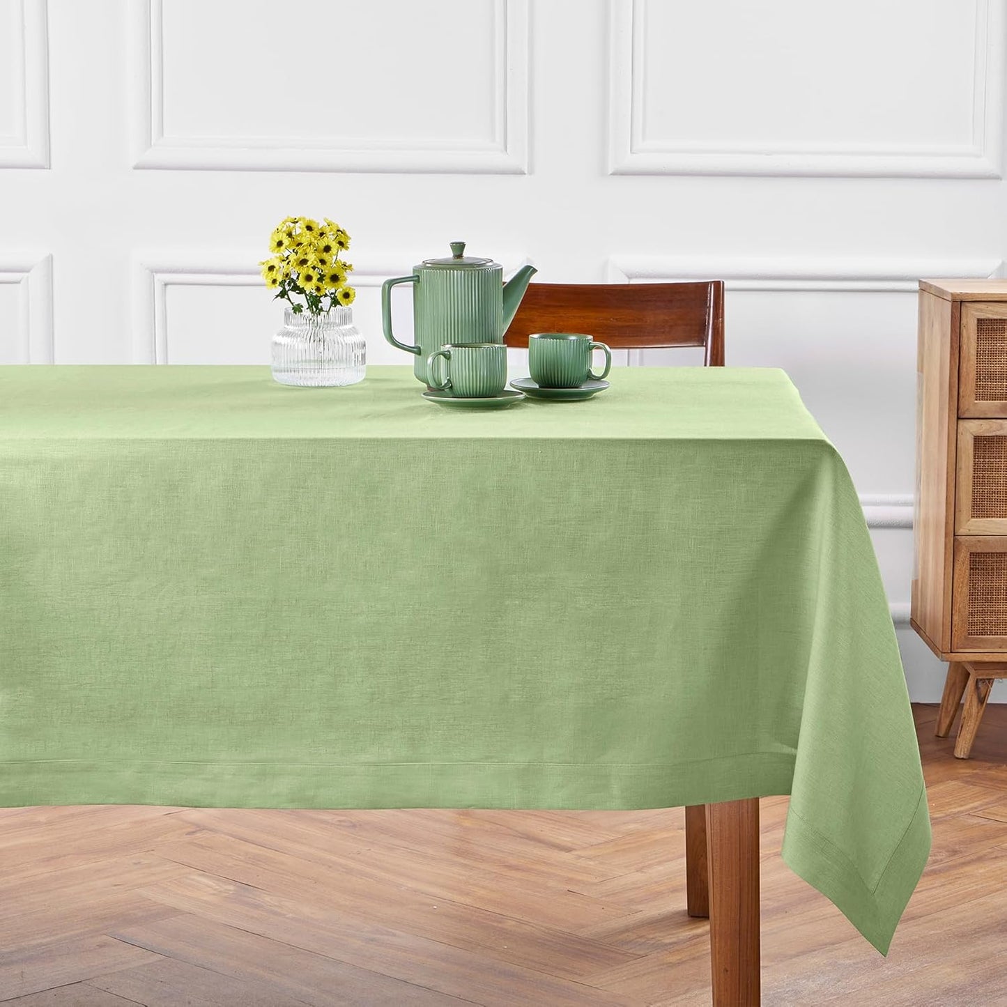 Solino Home Linen Tablecloth 60 x 90 Inch - 100% Pure Linen Laurel Green Table Cloth for Rectangle Tables - Fete, Machine Washable Tablecloth for Fall, Autumn, Thanksgiving