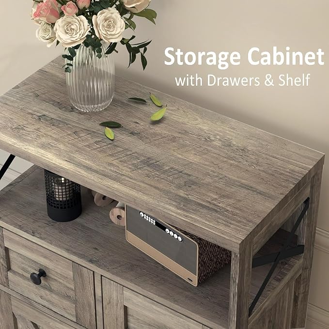 Farmhouse Storage Cabinet with Barn Doors and Open Shelf, Kitchen Pantry with - Image 6