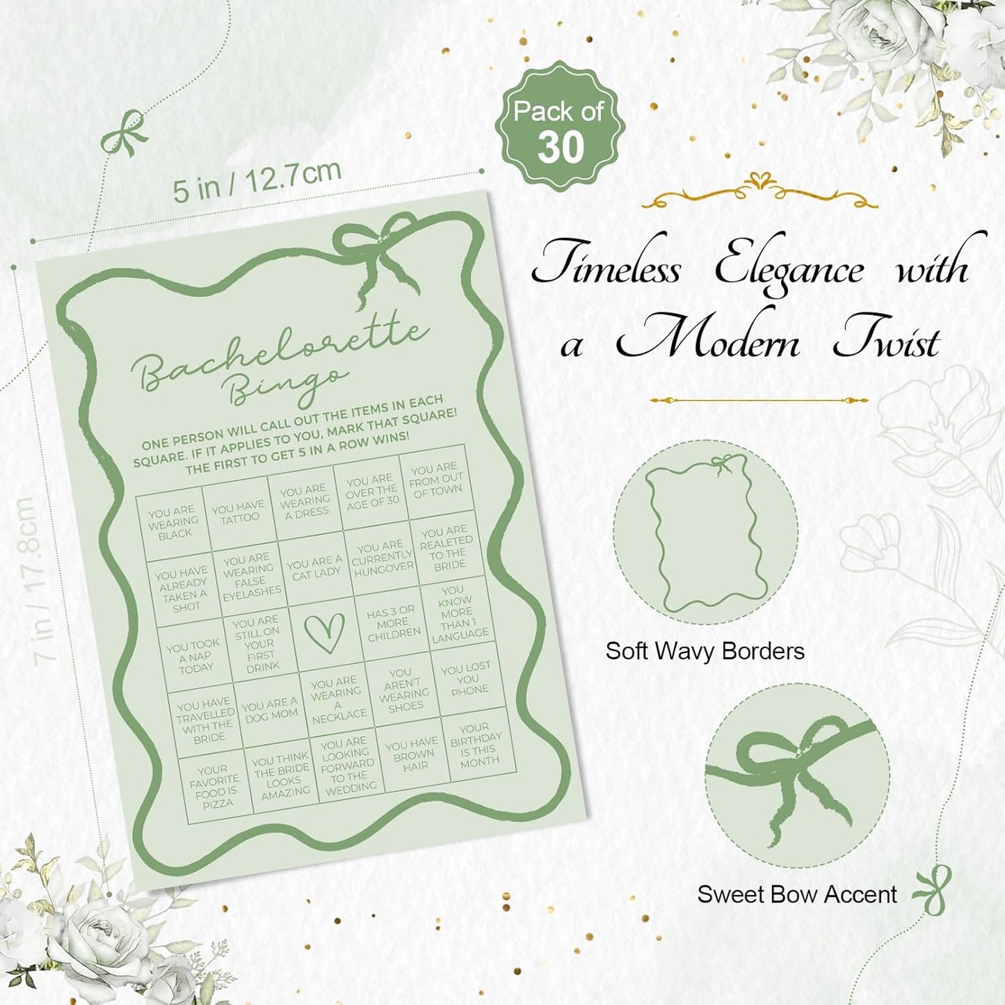 DEEKA 30 PCS Bridal Shower Games Card for 30 Guests Sage Green Wavy Border Ribbon Bow Funny Wedding Bachelorette Party Games for Reception (Bachelorette Bingo)