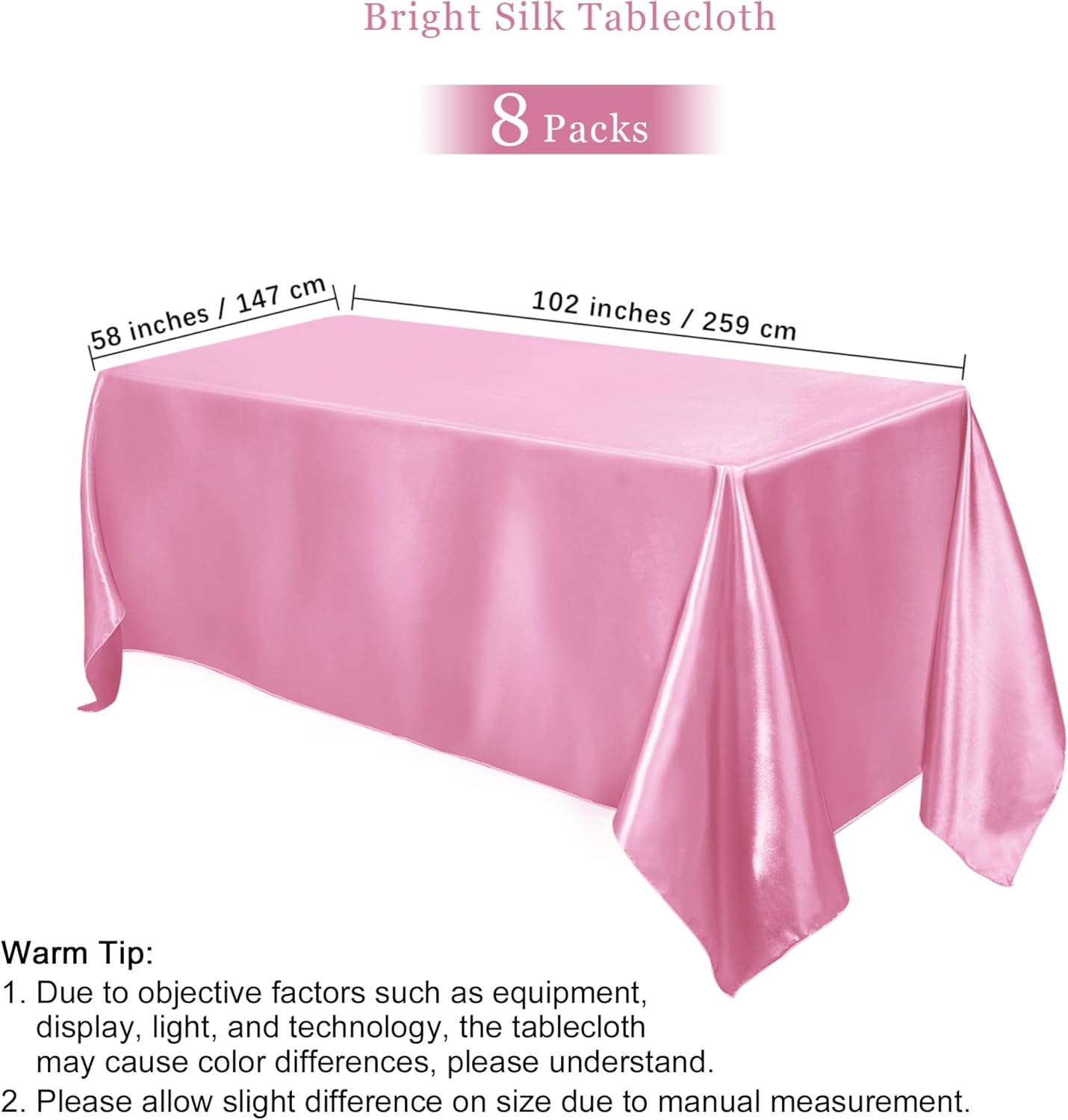 TURSTIN 8 Packs Pink Satin Tablecloth 102 x 58 Inch Overlay Satin Table Cover Rectangle Bright Silk Tablecloth Smooth Fabric Table Decoration for Wedding Banquet Party Events