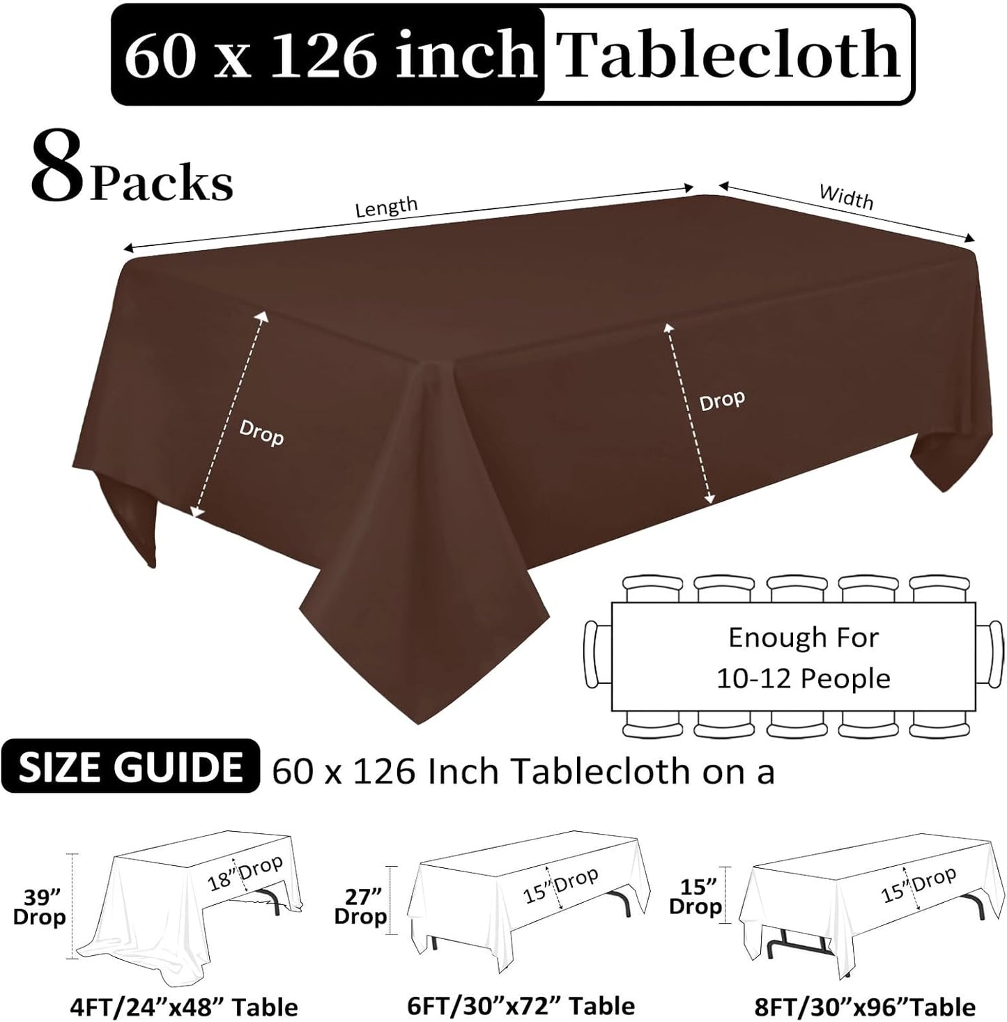 8 Pack Brown Table Cloth 60 x 126 Inch Rectangular Tablecloths for 8 Foot Rectangle Tables, Wrinkle Resistant Brown Tablecloth Washable Polyester Fabric for Buffet Wedding Party Banquet