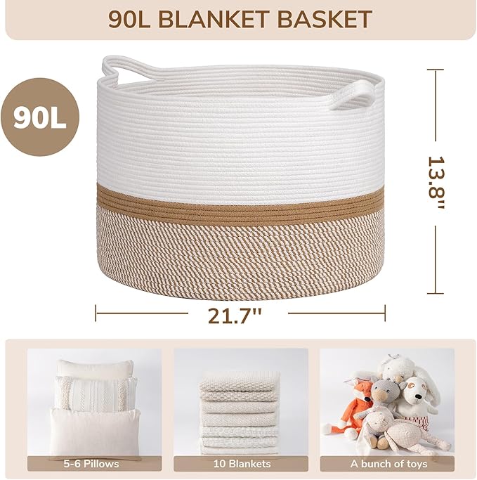 INDRESSME XXXLarge Cotton Rope Basket 21.7" x 21.7" x 13.8" Woven Baby laundry - Image 3
